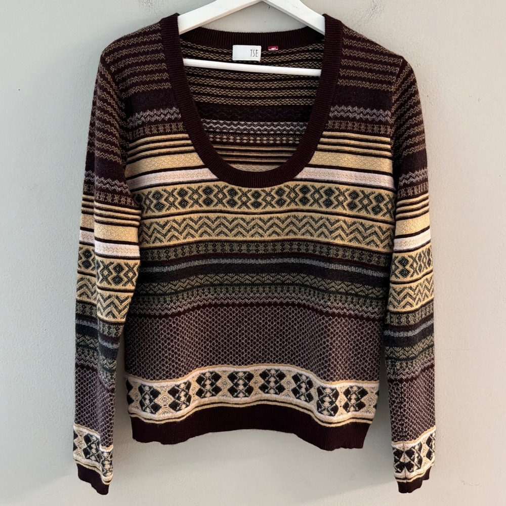 TSE 100% Pure Cashmere Fair Isle Scoop Neck Sweater Brown Multi Womens Large